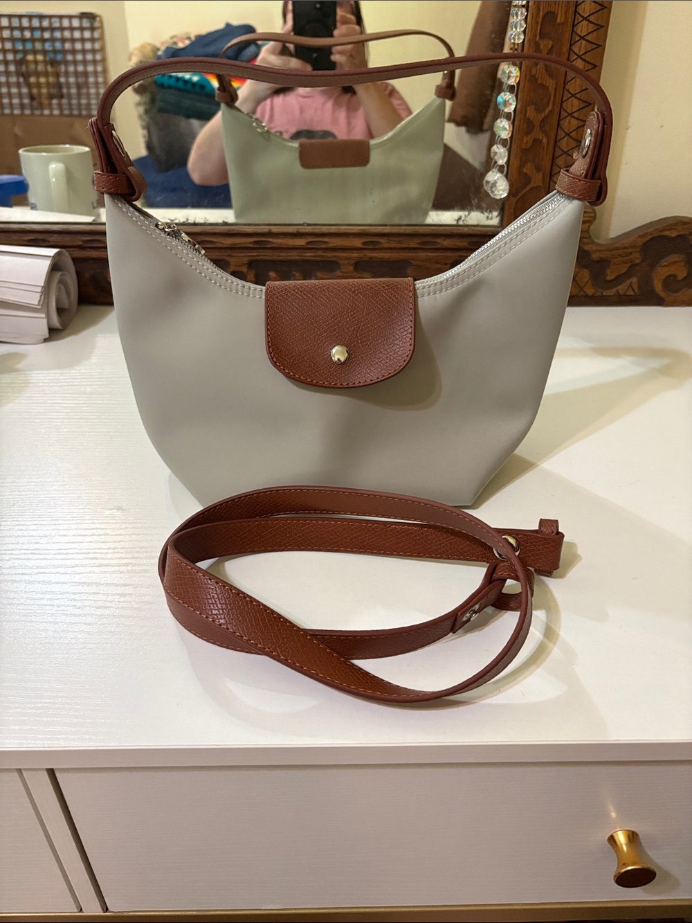 Leather-Trimmed Shoulder Bag in Light Gray and Brown